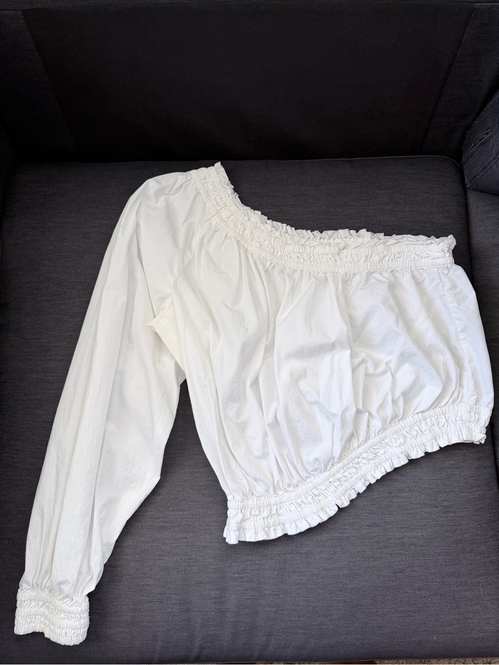 Free People White One-Shoulder Smocked Crop Blouse